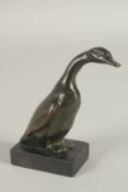 FRENCH SCHOOL ( CIRCA. 1860). A SMALL BRONZE GOOSE. Unsigned on a wooden base. 101cm high