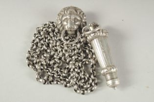 A VICTORIAN SILVER MILTARY BELT WHISTLE by JOSEPH JENNERS, shaped as a lighthouse, on a chain with