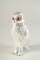 A SILVER PLATED OWL SUGAR CASTER. 6ins high.