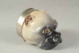 A CONTINENTAL PORCELAIN BOX AND COVER modelled as a pug dog, the lid with a scene after Murillo.