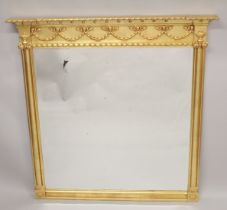 A GOOD LARGE GILTWOOD ADAM STYLE OVERMANTLE MIRROR the frieze with swags. 5ft high, 4ft 10ins wide.