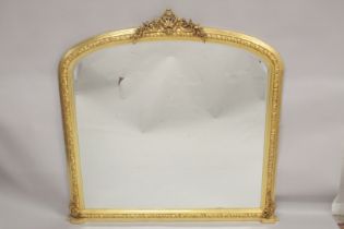 A GOOD LARGE GILTWOOD OVERMANTLE MIRROR with shell finials with garlands. 5ft 3ins high, 6ft wide.