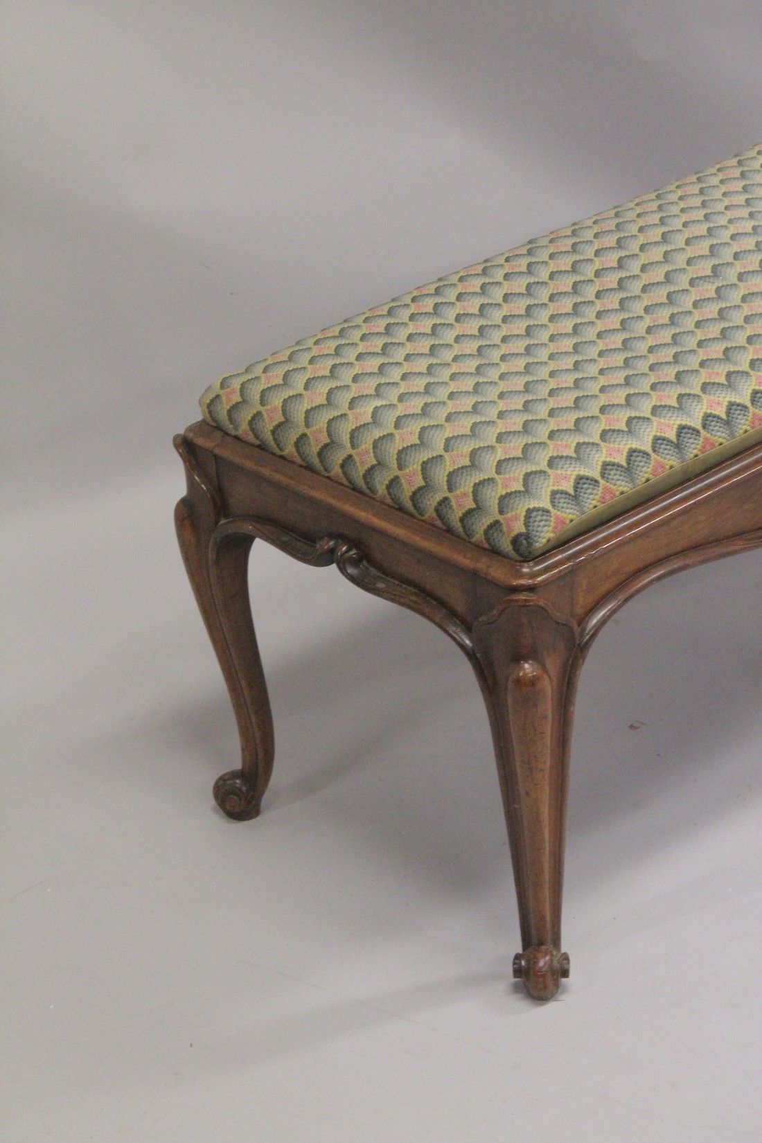 A VICTORIAN ROSEWOOD LONG PADDED TOP STOOL supported on cabriole legs. 3ft 6ins long, 1ft 6ins wide, - Image 2 of 3