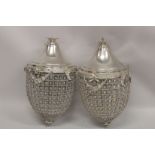 A PAIR OF SILVERED ACORN CHANDELIERS with beads.