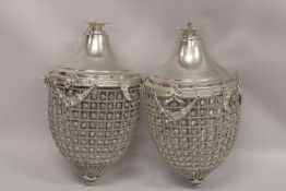 A PAIR OF SILVERED ACORN CHANDELIERS with beads.