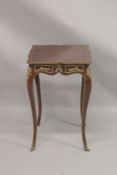 A LOUIS XVITH DESIGN SQUARE INLAID CENTRE TABLE with gilt metal mounts and four curving legs. 1ft