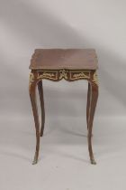 A LOUIS XVITH DESIGN SQUARE INLAID CENTRE TABLE with gilt metal mounts and four curving legs. 1ft