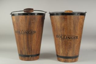 A PAIR OF METAL BOUND BOLLINGER BUCKETS.