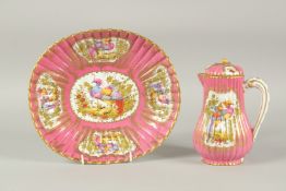 A GOOD SAMSON OF PARIS SEVRES DESIGN FAMILLE ROSE JUG AND BOWL painted with panels of brilliant