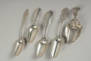 FIVE VARIOUS SILVER CADDY SPOONS.