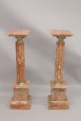 A GOOD PAIR OF PINK MARBLE CLUSTER COLUMNS with square tops and pedestal bases. 3ft 4ins high.