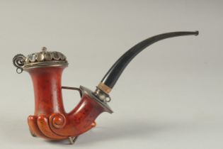 A GOOD 18TH CENTURY GERMAN MEERSCHAUM PIPE, good colour, with carved scrolling and silver mounts.