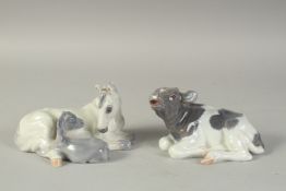 A COPENHAGEN PORCELAIN GROUP, MARE AND FOAL. No. 4698. 6ins long and A CALF, 6ins long