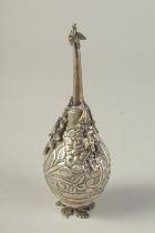 A SILVER HOLY WATER SPRINKLER with birds in relief. 6ins high.