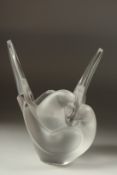 A FROSTED GLASS LALIQUE LOVE BIRD as a flower vase. Signed, Lalique, France. 8ins high (chipped).