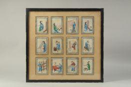 A GOOD COLLECTION OF TWELVE CHINESE PAINTINGS, depicting figures carrying out various pursuits,