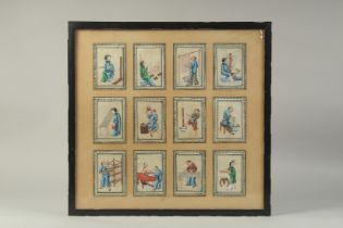 A GOOD COLLECTION OF TWELVE CHINESE PAINTINGS, depicting figures carrying out various pursuits,