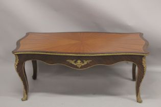 A GOOD, LARGE, LOUIS XVITH STYLE KINGWOOD, RECTANGULAR TOP, COFFEE TABLE with segmented top, curving