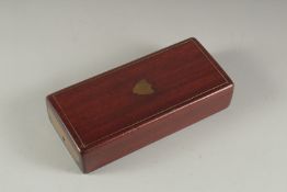 A FINE MAHOGANY BOX for travelling kit. 8ins long.