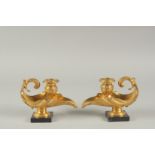 A SUPERB PAIR OF REGENCY GILT BRONZE CANDLESTICKS on marble bases. 5.5ins long.