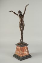 AFTER D. H. CHIPPARUS. A BRONZE DANCING GIRL. Signed, on a marble base. 19ins high.