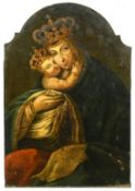 Spanish School probably 17th Century. Virgin and child wearing jewelled crowns, oil on copper with a
