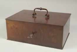 A GOOD METAL STRONG BOX with carrying handles. 10ins long, 7ins wide, 4ins deep with key.