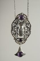 A DECO STYLE SILVER LAPIS SCARAB PENDANT AND CHAIN.