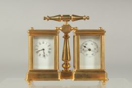 A GOOD MINIATURE BRONZE DOUBLE CARRIAGE CLOCK AND BAROMETER with carrying handle. 4ins high.