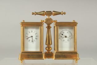 A GOOD MINIATURE BRONZE DOUBLE CARRIAGE CLOCK AND BAROMETER with carrying handle. 4ins high.