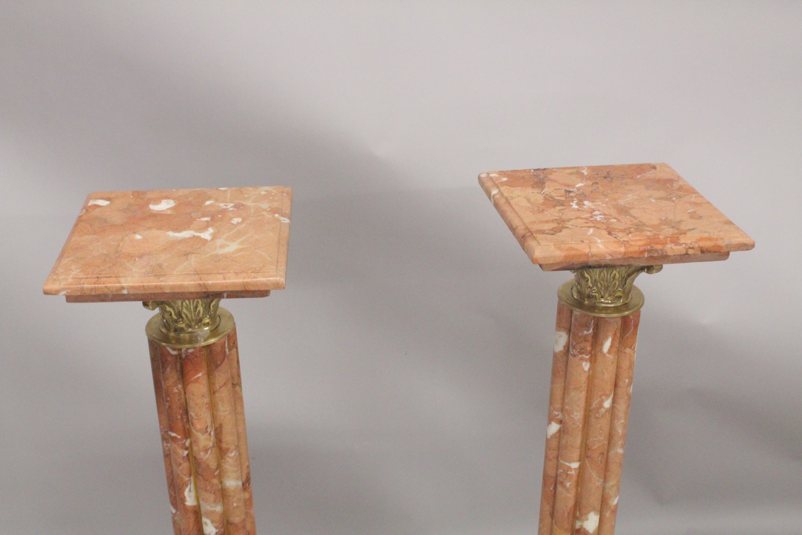 A GOOD PAIR OF PINK MARBLE CLUSTER COLUMNS with square tops and pedestal bases. 3ft 4ins high. - Image 3 of 3