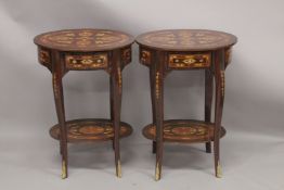 A GOOD PAIR OF LOUIS XVITH DESIGN OVAL BEDSIDE TABLES with single drawer, curving legs and