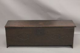 A 17TH - 18TH CENTURY PLAIN OAK LONG SWORD CHEST with rising top. 4ft 5ins long, 1ft 4ins deep,