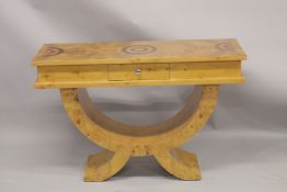 A GOOD ART DECO DESIGN CONSOLE TABLE fitted with a single drawer and open work base. 3ft 6ins