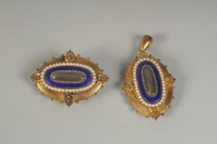 A MATCHING 15CT GOLD BROOCH AND PENDANT with blue enamel and seed pearls.