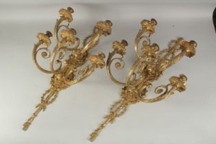 A GOOD PAIR OF GILT BRONZE FIVE BRANCH TWO TIER, WALL SCONCES. 2ft 6ins high.