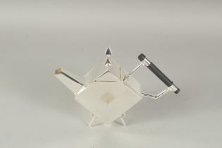 A CHRISTOPHER DRESSER STYLE SILVER PLATED SQUARE TEA POT with a hole.