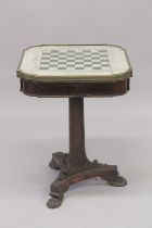 A SUPERB GILLOW MODEL MAHOGANY GAMES TABLE, the top with a chess board and drawings depicting