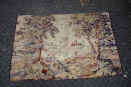 A GOOD 19TH CENTURY TAPESTRY WALL HANGING depicting buildings on an island with lake and woodland