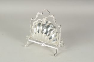 A SILVER PLATED SHELL CHEESE BISCUIT STAND.