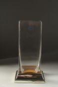 A CARAS CRYSTAL SQUARE GLASS VASE with silver base.