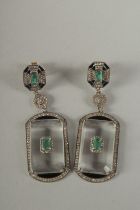 A GOOD PAIR OF DECO STYLE DAIMOND , EMERALD AND CRYSTAL DROP EARRINGS.