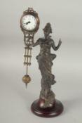 A DIANA SPELTER MYSTERY CLOCK on a circular base. 12ins high.