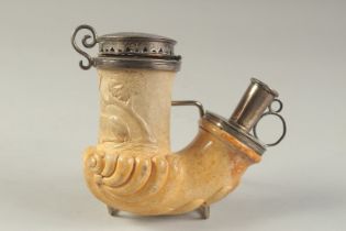 A GOOD GERMAN MEERSCHAUM AND SILVER MOUNTED PIPE carved with a deer, the silver mount engraved "W