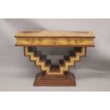 A GOOD ART DECO DESIGN CONSOLE TABLE fitted with a single drawer and zig zag supports. 4ft long,