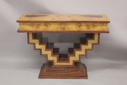 A GOOD ART DECO DESIGN CONSOLE TABLE fitted with a single drawer and zig zag supports. 4ft long,