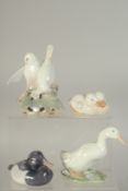 FOUR SMALL COPENHAGEN PORCELAIN BIRDS: DOVES, No. 702, TWO DUCKS NO. 516, GOOSE, No. 1192 & TEAL,