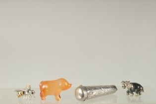 A SILVER AND ENAMEL MUG, A HIPPO, A JADE PIG and a SILVER HOLDER. (4).