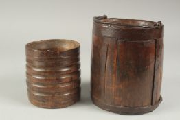 TWO EARLY METAL BOUND WOODEN VESSELS. 6ins x 5ins.