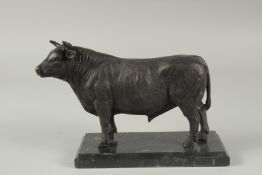 A BRONZE STANDING BULL on a marble base. 9ins high.